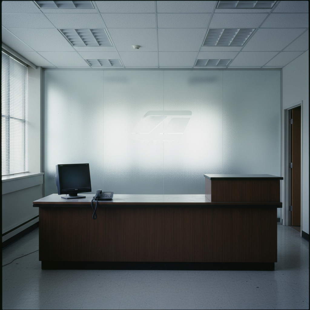 An empty office reception area of a once-prominent company, presented in photographic realism with a professional, archival feel. A sleek but slightly dated reception desk of dark wood veneer sits in the foreground, its surface cleared except for an unplugged landline phone and a dormant computer monitor. Behind the desk, a large wall of frosted glass shows the faint outline where a corporate logo used to be, now removed and leaving lighter shapes on the wall. The space is lit by cool fluorescent ceiling panels and muted daylight filtering through blinds, creating soft, even illumination. Shot from a slightly elevated angle, the image has sharp focus and balanced composition, conveying a quiet, neutral mood that documents the end of an organization without sensationalism.