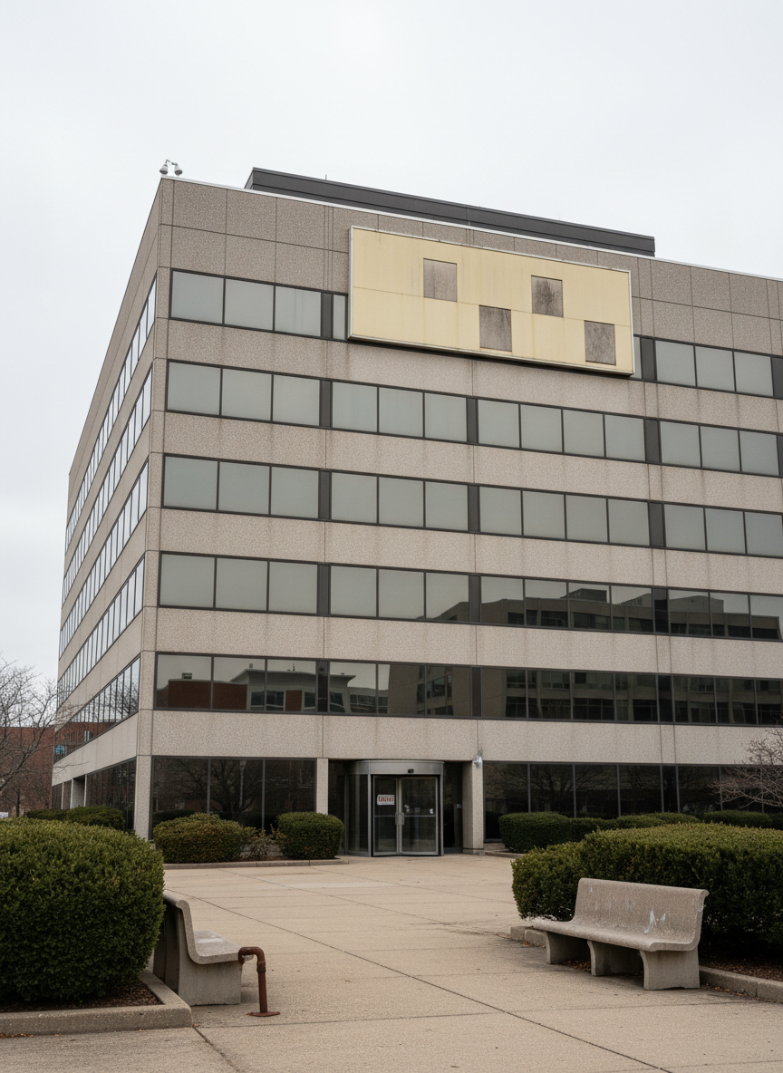 A defunct corporate headquarters building in a quiet business district, photographed in a realistic, documentary style. The mid-rise glass-and-concrete structure has a faded, outdated logo panel now blank and slightly discolored, with a few missing panels hinting at its former identity. It stands behind a modest, slightly overgrown plaza of trimmed shrubs, empty benches, and a closed revolving door. Captured at eye level on an overcast day, the diffused gray light softens reflections on the windows and creates gentle, credible shadows. The mood is calm and analytical rather than emotional, like an archival record of a company that no longer exists. The composition follows the rule of thirds, with sharp focus throughout to emphasize architectural details and subtle signs of closure.