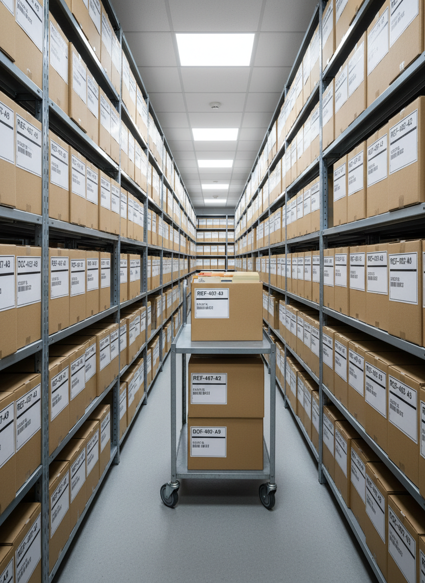 A meticulously organized archive room in a records facility, containing boxed documents from a dissolved corporation, photographed in a realistic, professional style. Tall metal shelving units line both sides of a narrow aisle, filled with identical neutral-colored archive boxes labeled with barcodes and numerical codes rather than brand names. On a central rolling cart sits a stack of recently retrieved boxes, one slightly open to reveal neatly arranged folders. Overhead fluorescent lights provide bright, even illumination with minimal shadow, enhancing legibility of every detail. Shot from a central, eye-level perspective with sharp focus front to back, the composition feels orderly and methodical. The atmosphere is calm, studious, and objective, suggesting careful historical documentation of the conclusion of a company’s activities.