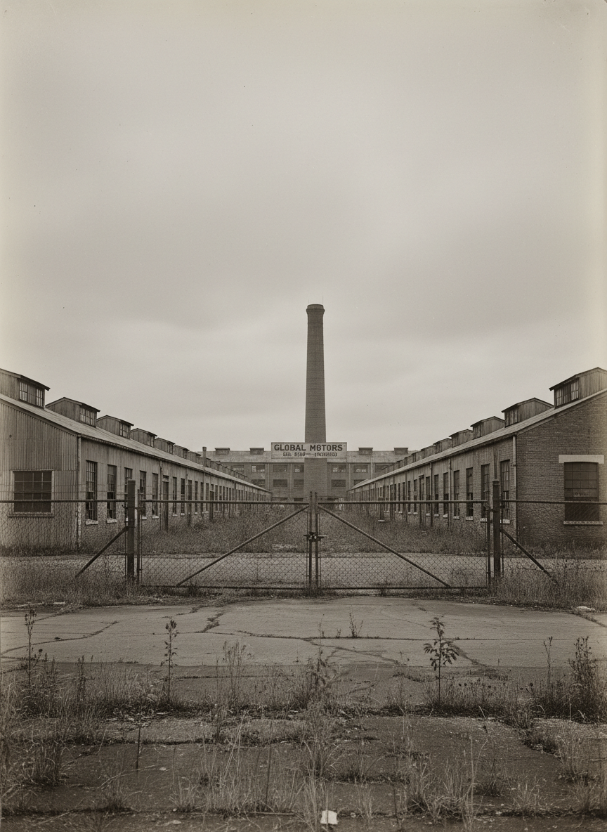 An archival-style photograph of a long-vacated industrial site once operated by a well-known manufacturer, emphasizing structures rather than people. A wide-angle view shows rows of low factory buildings made of corrugated metal and brick, with a tall smokestack no longer in use. Windows are intact but dusty, and a chain-link fence with a locked gate marks the perimeter. Wild grasses and small plants have begun to grow through cracks in the asphalt, hinting at years of inactivity. The sky is uniformly gray, providing soft, diffused light that reduces harsh contrast and keeps details clearly visible. The composition is centered and balanced, with deep focus capturing the entire complex. The mood is measured and historical, as if for an educational case study on an ended enterprise.