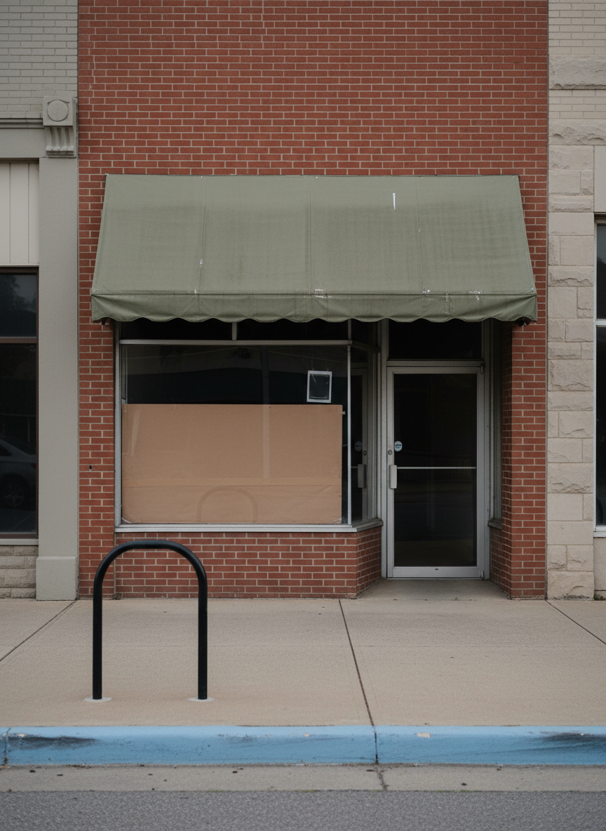 A shuttered small-town storefront that once housed a local business, captured in a calm, documentary photographic style. The narrow brick façade features a large display window partially covered from inside by plain brown paper, with a "for lease" sign implied only by an empty holder on the glass. The awning fabric is slightly faded, and the door is locked with a simple metal handle and visible deadbolt. The sidewalk in front is clean but unused, with a single empty bike rack and neatly painted curb. Taken at eye level in soft, late-afternoon overcast light, the image has neutral tones, gentle shadows, and a straightforward, journalistic composition. The atmosphere is reflective and factual, emphasizing the factual closure of a once-active enterprise.